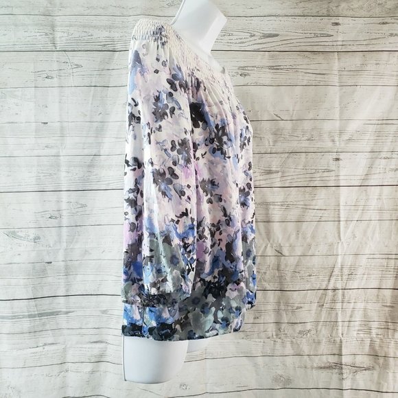 Lovestitch Womens Top Sz Small Purple Blue Floral 3/4 Sleeve - Picture 3 of 6